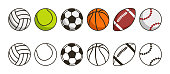 Sport ball set. Game balls icons. Volleyball, tennis, soccer, basketball, american football or rugby and baseball sport equipments. Vector