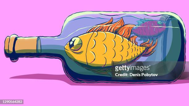 かわいい漫画のベクトルイラスト ボトルに魚 ストックイラストレーション Getty Images