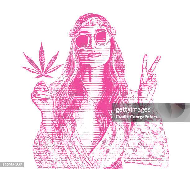 erwachsene hippie-frau hält cannabis-blatt - marijuana herbal cannabis stock-grafiken, -clipart, -cartoons und -symbole