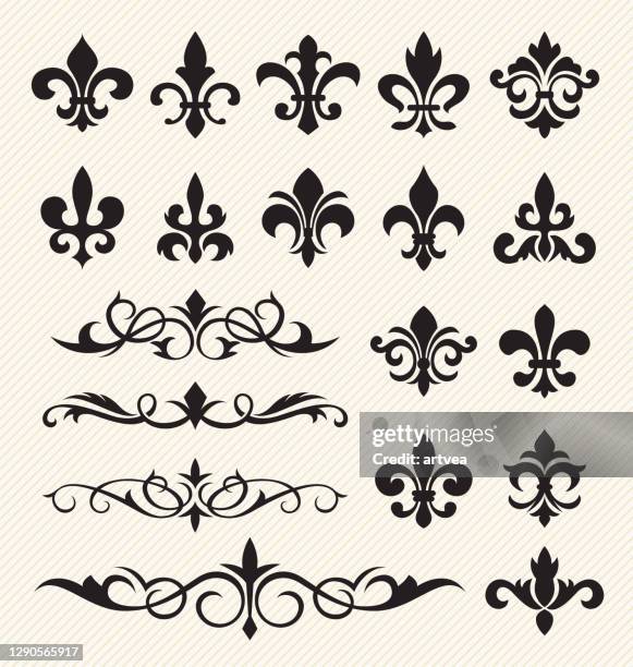 dekorative verzierte elemente und fleur de lis - ornament stock-grafiken, -clipart, -cartoons und -symbole