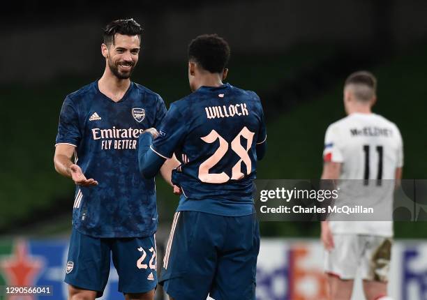 Joe Willock of Arsenal celebrates after scoring their team's third goal Pablo Mari of Arsenal during the UEFA Europa League Group B stage match...