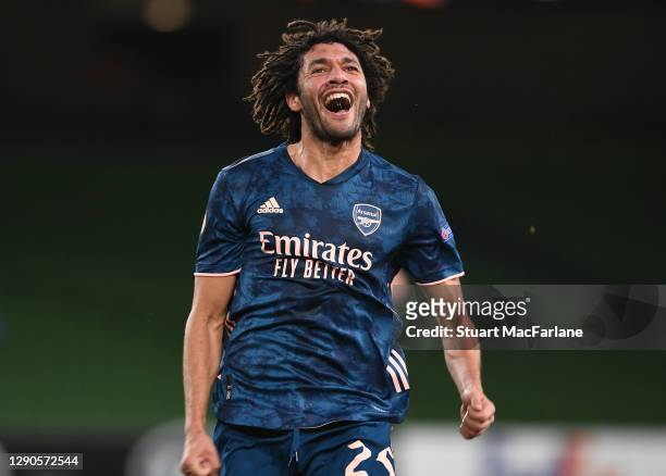Mo Elneny celebrates scoring the 2nd Arsenal goal during the UEFA Europa League Group B stage match between Dundalk FC and Arsenal FC at Aviva...
