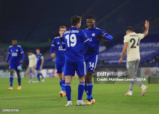 Cengiz Under of Leicester City celebrates with Kelechi Iheanacho of Leicester City scores their team's first goal during the UEFA Europa League Group...