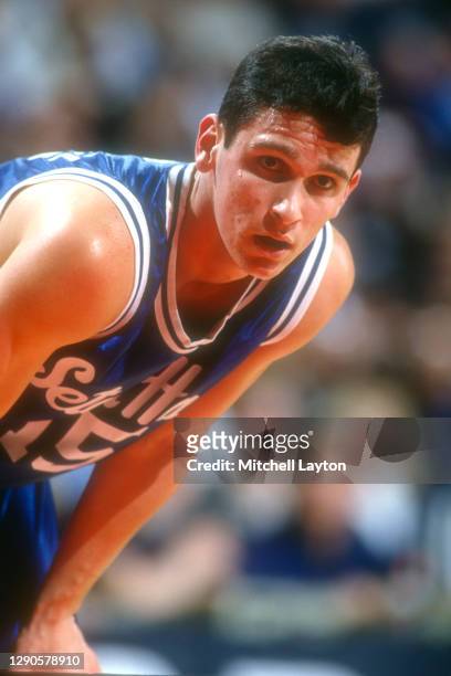 Danny Hurley of the Seton Hall Pirates looks on during a college basketball game against the Georgetown Hoyas at USAir Arena on January 27, 1993 in...