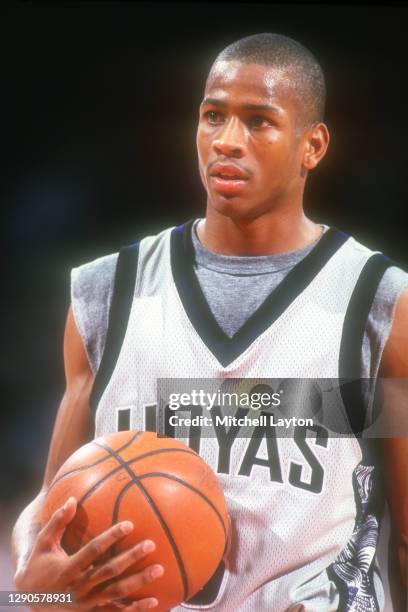 Allen Iverson of the Georgetown Hoyas looks on during a college basketball game against the Seton Hall Pirates at USAir Arena on January 15, 1996 in...