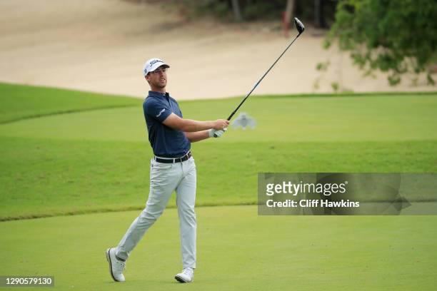 Andy Ogletree of the United States plays his shot from the second tee during the final round of the Mayakoba Golf Classic at El Camaleón Golf Club on...