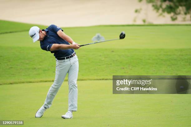 Andy Ogletree of the United States plays his shot from the second tee during the final round of the Mayakoba Golf Classic at El Camaleón Golf Club on...
