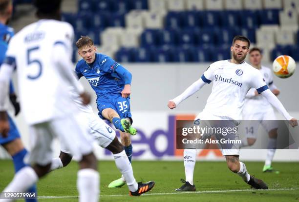 Maximilian Beier of TSG 1899 Hoffenheim scores their team's third goal during the UEFA Europa League Group L stage match between TSG Hoffenheim and...