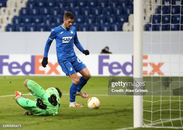 Andrej Kramaric of TSG 1899 Hoffenheim scores their team's fourth goal during the UEFA Europa League Group L stage match between TSG Hoffenheim and...