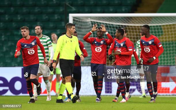 Timothy Weah of Lille celebrates after scoring their team's second goal with his team during the UEFA Europa League Group H stage match between...