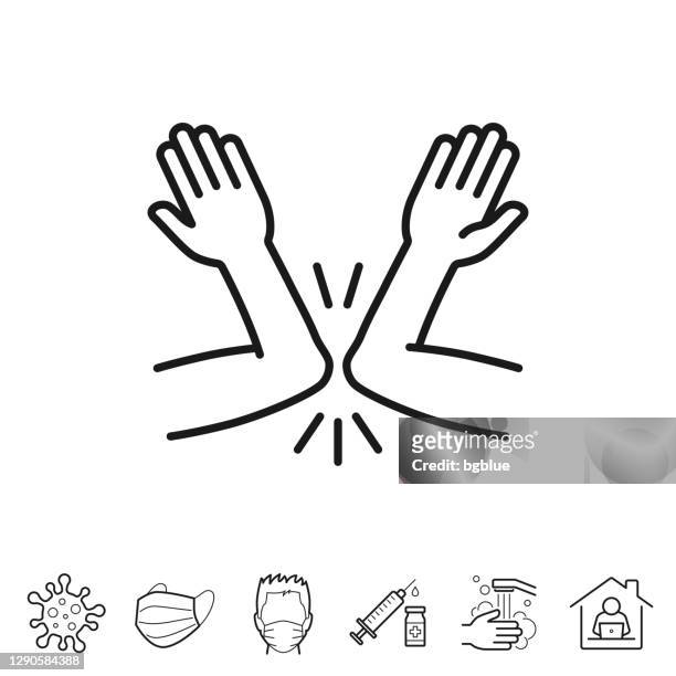 greeting with elbow bump. line icon - editable stroke - arm stock illustrations