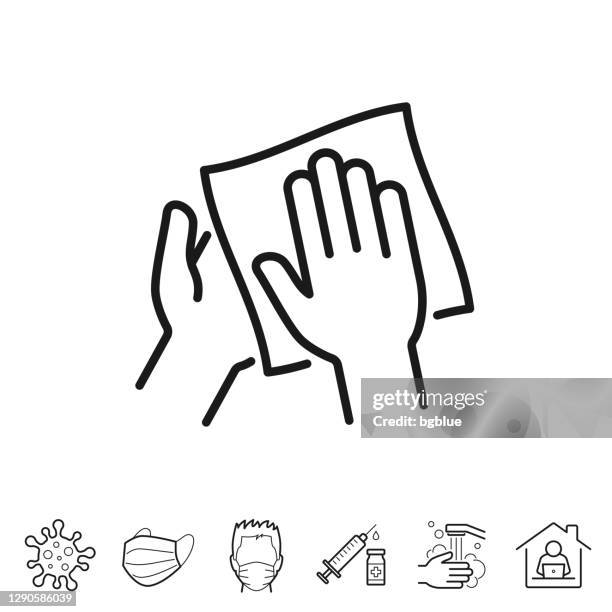 clean and sanitize hands with wipes. line icon - editable stroke - hand using wet wipe stock illustrations