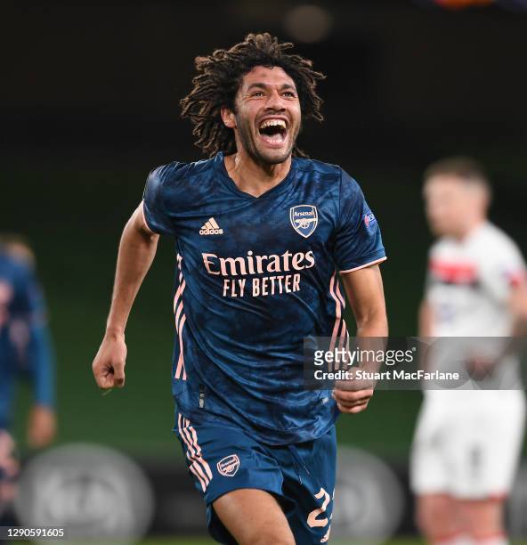 Mohamed Elneny celebrates scoring the 2nd Arsenal goal during the UEFA Europa League Group B stage match between Dundalk FC and Arsenal FC at Aviva...