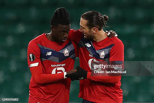 Timothy Weah of Lille celebrates with Yusuf Yazici after scoring their team's second goal with his team during the UEFA Europa League Group H stage...