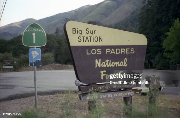 Big Sur and California 1 Highway signs in the Los Padres National Forest in Big Sur, California on June 7, 1981.