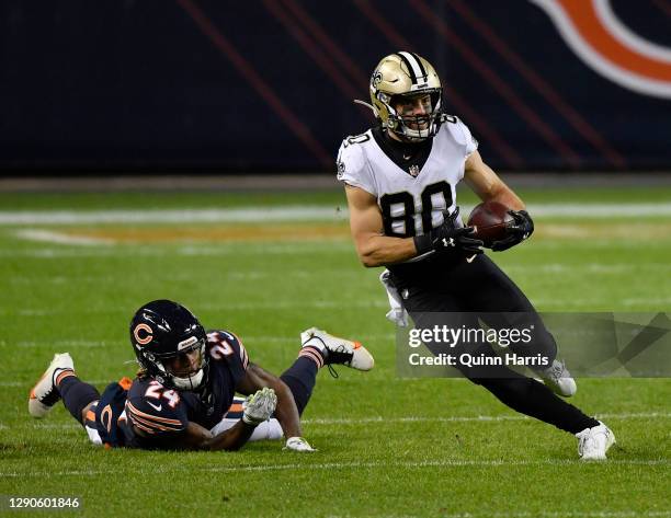 Austin Carr of the New Orleans Saints runs against Buster Skrine of the Chicago Bears at Soldier Field on November 01, 2020 in Chicago, Illinois.