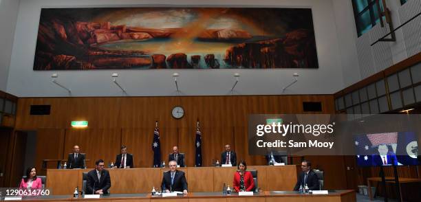 Australian Prime Minister Scott Morrison together with State Premiers Annastacia Palaszczuk , Daniel Andrews, Gladys Berejiklian, Steven Marshall and...