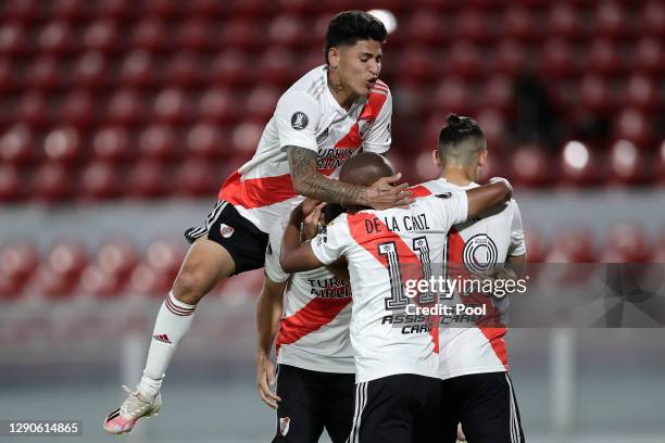 Gonzalo Montiel of River Plate celebrates with teammates Jorge Carrascal, Nicolás De La Cruz and Rafael Santos Borré after scoring the first goal of...