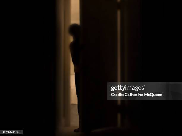 silhouette of person peeking into dark room through a cracked door - ghost fotografías e imágenes de stock