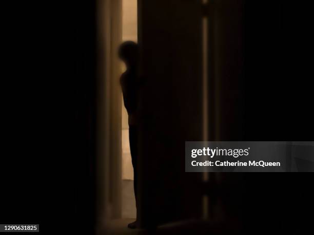 silhouette of person peeking into dark room through a cracked door - espectro imagens e fotografias de stock