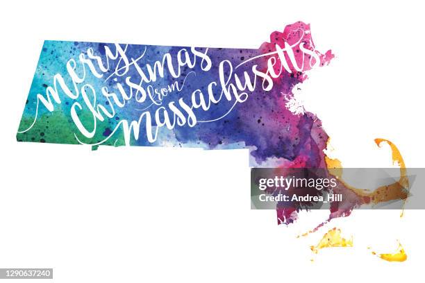 illustrazioni stock, clip art, cartoni animati e icone di tendenza di mappa ad acquerello del massachusetts con calligrafia di buon natale. illustrazione raster - capo cod