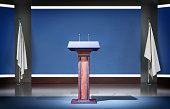 Tribune for speaking on a blue background 3d illustration