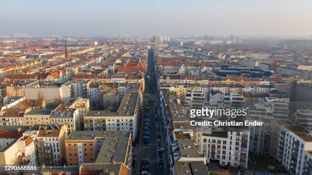 In this aerial view the Liebigstrasse in the district Friedrichshain stands during the second wave of the coronavirus pandemic on December 08, 2020...