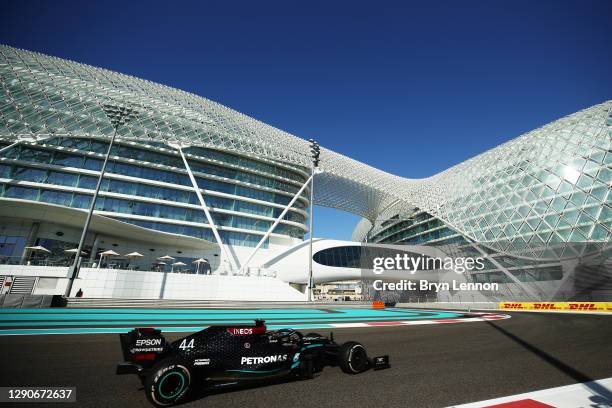 Lewis Hamilton of Great Britain driving the Mercedes AMG Petronas F1 Team Mercedes W11 on track during practice ahead of the F1 Grand Prix of Abu...