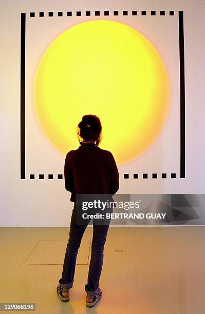 Visitor explores one of the 70 "exploded cabins" in French artist Daniel Buren's installation at the Georges Pompidou Center 26 June 2002. "Le musee...