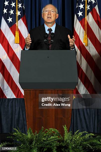Secretary of the Interior Ken Salazar speaks during the White House Forum on American Latino Heritage October 12, 2011 at the Interior Department in...