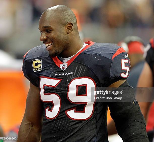 DeMeco Ryans of the Houston Texans at Reliant Stadium on October 9, 2011 in Houston, Texas.