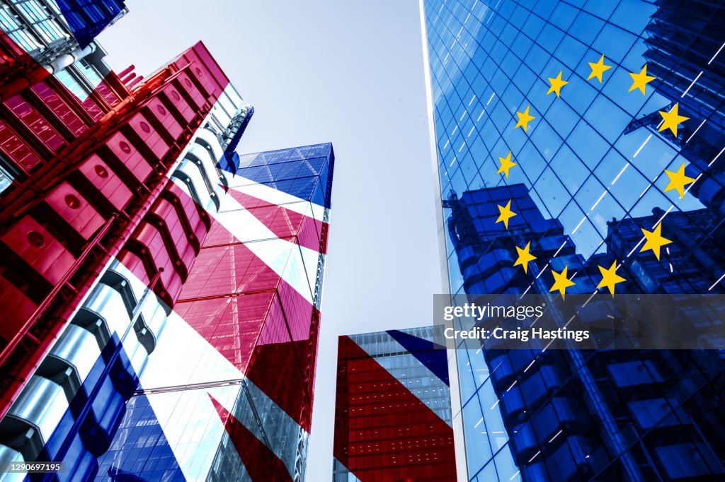 Concept piece containing a City of London Skyscraper scene with the Union Jack and EU Flag overlaid as both the UK and EU try to negotiate a trade deal before Brexit on the 1st January 2021