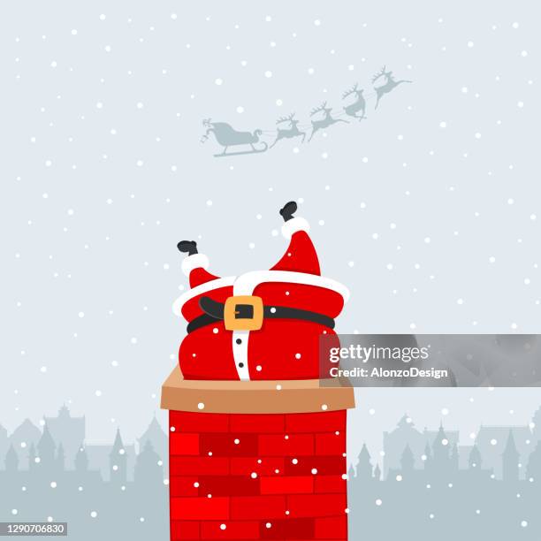 stockillustraties, clipart, cartoons en iconen met de kerstman in de schoorsteen - vastzitten