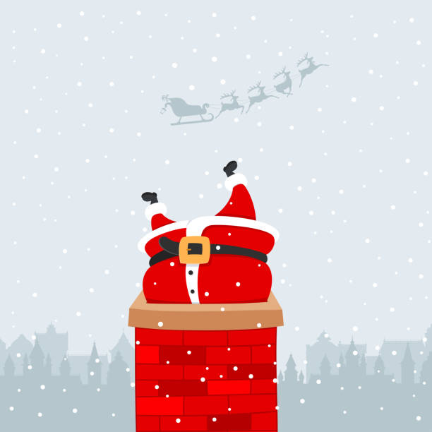 santa claus into the chimney - santa's sleigh stock illustrations