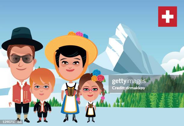 schweizer familie und matterhorn - zermatt stock-grafiken, -clipart, -cartoons und -symbole