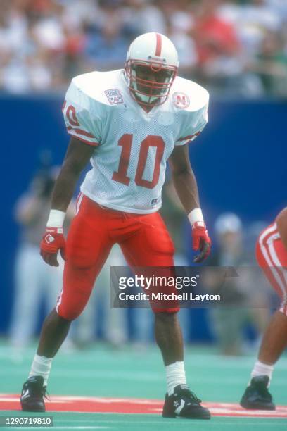 Mike Minter of the Nebraska Cornhuskers in position during a college football game against the West Virginia Mountaineers on August 31,1994 at Giants...