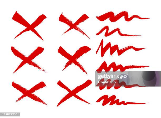 crossed out x mark squiggle hand drawn editing symbols - red x stock illustrations