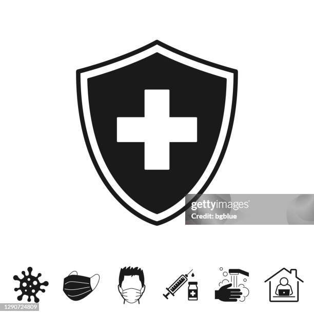 stockillustraties, clipart, cartoons en iconen met bescherming van de gezondheid schild. pictogram voor ontwerp op witte achtergrond - informatiebord