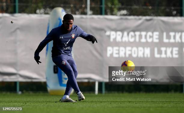 Kayne Ramsay kicks the ball during a Southampton FC training session at the Staplewood Campus on December 11, 2020 in Southampton, England.