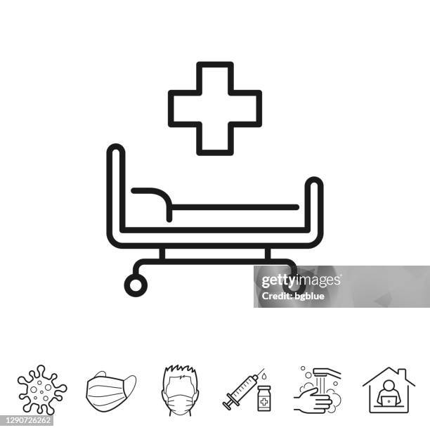 ilustraciones, imágenes clip art, dibujos animados e iconos de stock de cama de hospital. icono de línea - trazo editable - cruz