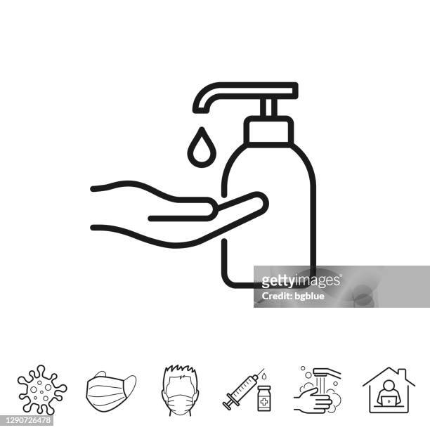 illustrations, cliparts, dessins animés et icônes de utilisation de désinfectant pour les mains pour la désinfection. icône de ligne - course modifiable - désinfection