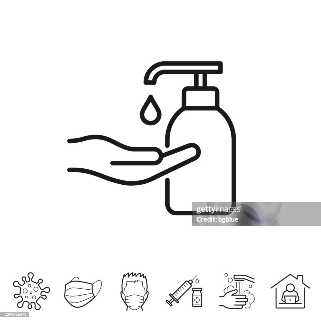 消毒のための手指消毒剤の使用。線アイコン - 編集可能ストローク