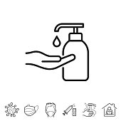 Hand sanitizer use for disinfection. Line icon - Editable stroke