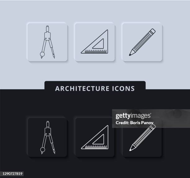 architecture tools icon set with scale ruler, drawing compass and pencil symbols for architects - architects scale stock illustrations