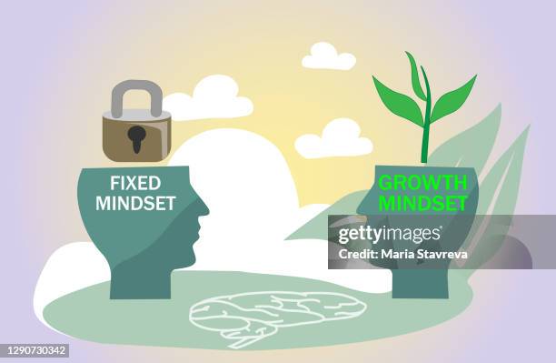 fixed vs growth mindset with open or locked personality. - growth mindset fixed mindset stock illustrations