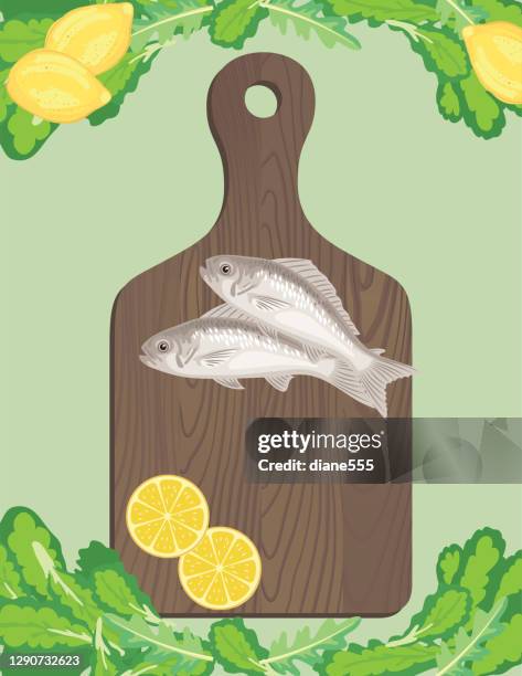 kochen mit fisch flach lay auf grünem hintergrund - essen von oben holz stock-grafiken, -clipart, -cartoons und -symbole