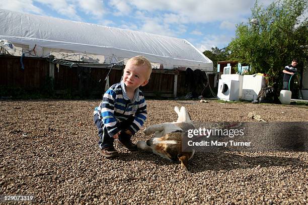 Tom Sheridan, aged 1, plays in his yard at Dale Farm Travellers camp on October 12 2011, near Basildon, England. After years of protracted legal...