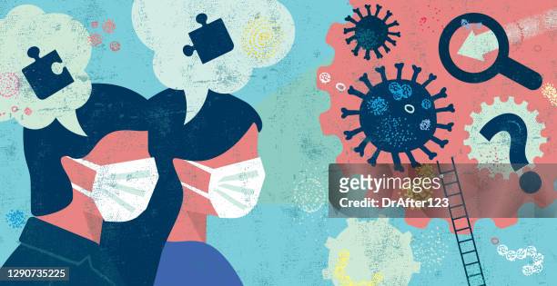 stockillustraties, clipart, cartoons en iconen met op zoek naar oplossingen voor coronavirus problemen concept - mondmasker