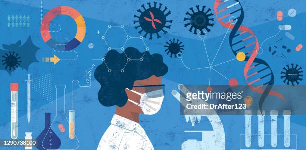 illustrazioni stock, clip art, cartoni animati e icone di tendenza di donna scienziata ricerca covid-19 concetto - scienza