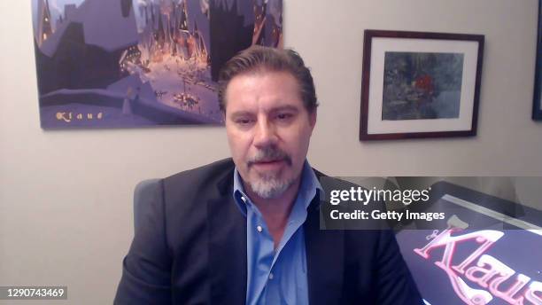 In this screengrab, nominee for European Animated Feature Film award Sergio Pablos speaks during The EFAs at Eight: Comedy & Animation as part of a...